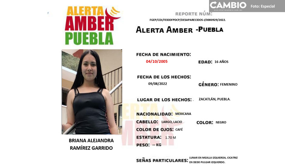 Se activa la Alerta Amber por la desaparición de Briana Ramírez de 16 años de edad en Zacatlán