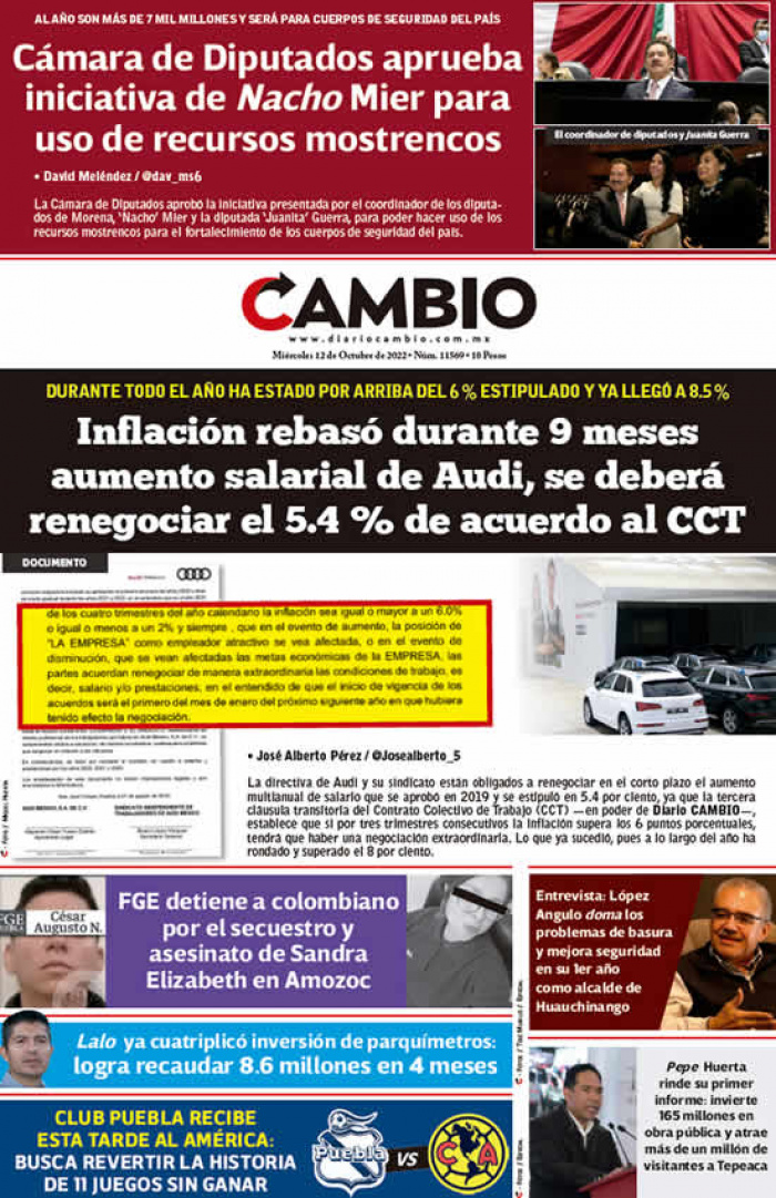 Inflación rebasó durante 9 meses aumento salarial de Audi, se deberá renegociar el 5.4 % de acuerdo al CCT