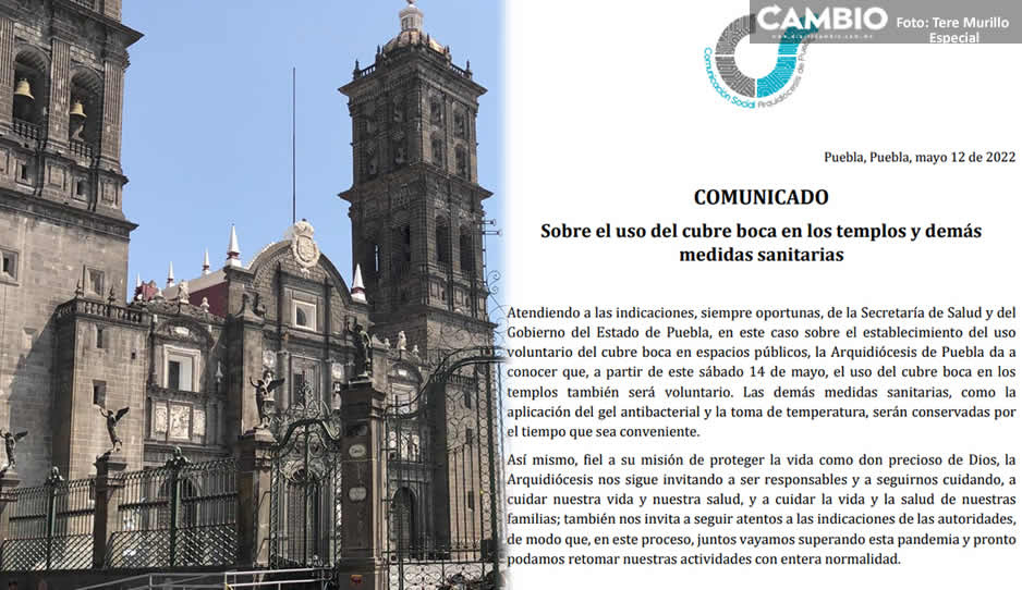 En las iglesias de Puebla ya no será obligatorio el uso de cubrebocas a partir del 14 de mayo