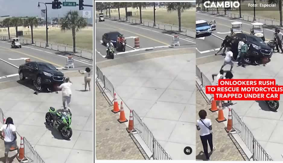 ¡Impactante VIDEO! Auto aplasta a motociclista y personas ayudan a sacarla