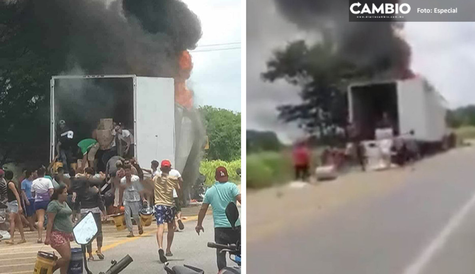 ¡Sin miedo al peligro! Rapiñan tráiler incendiado en carretera de Campeche (VIDEO)