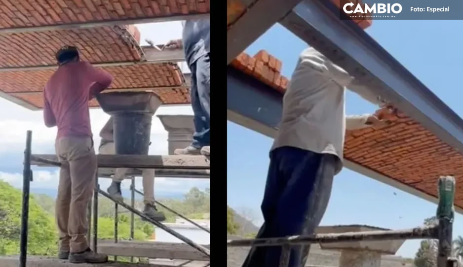 ¡Parece que desafían la gravedad! Albañiles construyen techo con polémico método (VIDEO)