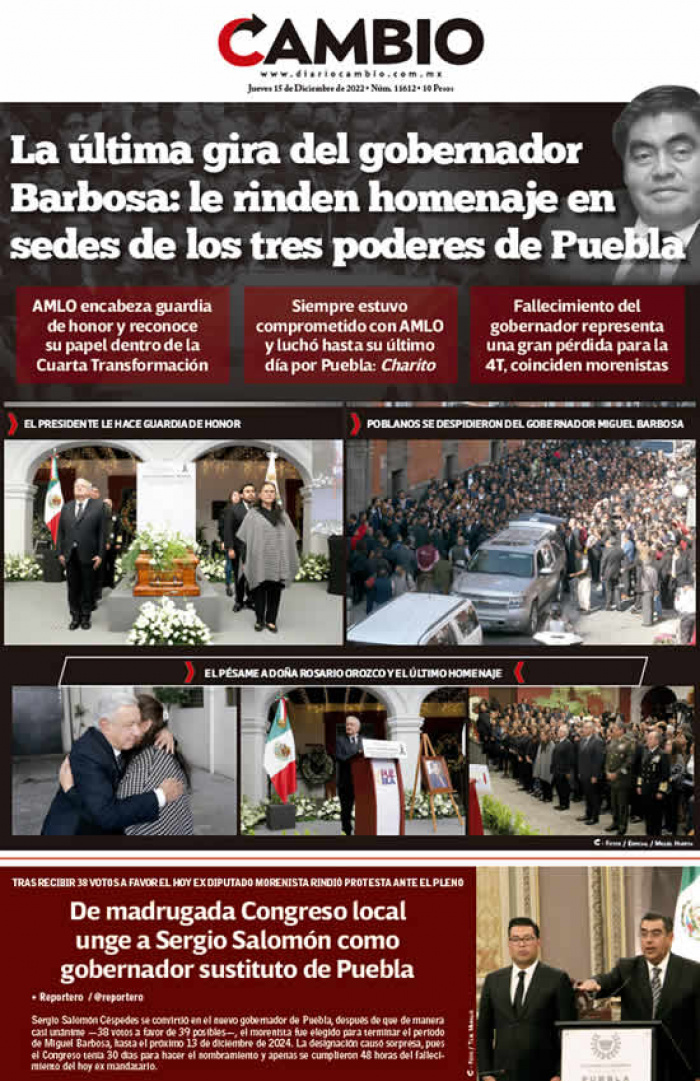 La última gira del gobernador Barbosa: le rinden homenaje en sedes de los tres poderes de Puebla
