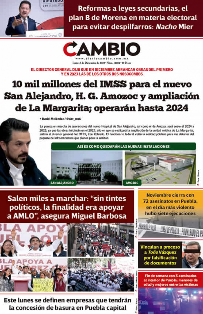 10 mil millones del IMSS para el nuevo San Alejandro, H. G. Amozoc y ampliación de La Margarita; operarán hasta 2024