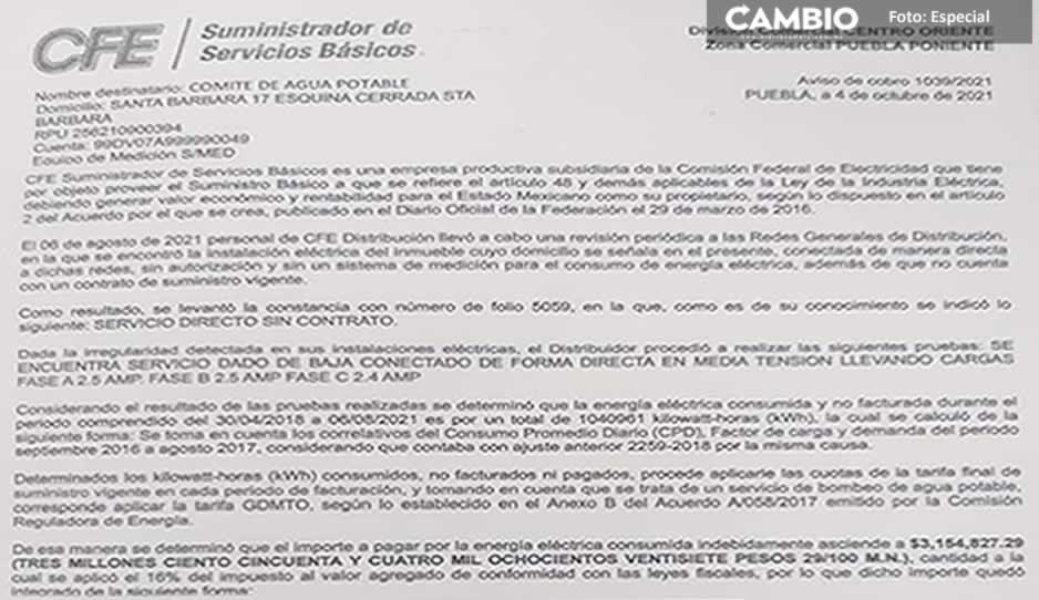 Vecinos denuncian adeudo millonario del Comité del Agua de San Pablo Xochimehuacán a la CFE