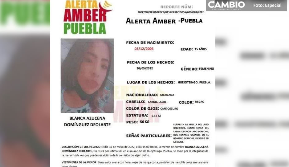 Activan Alerta Amber para localizar a quinceañera Blanca Azucena, desaparecida en Huejotzingo