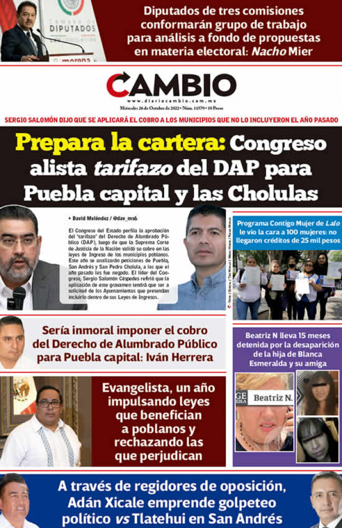 Prepara la cartera: Congreso alista tarifazo del DAP para Puebla capital y las Cholulas