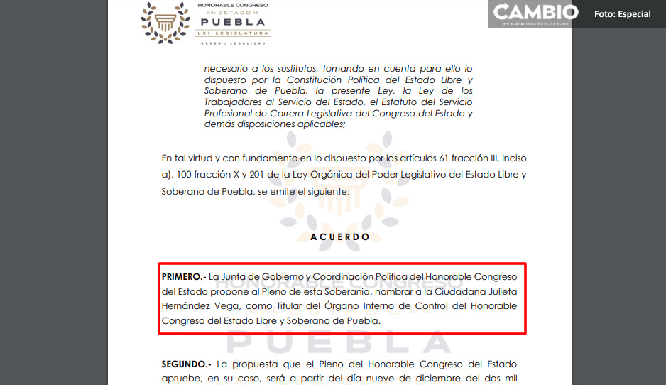Junta de Gobierno propone a Julieta Hernández como la titular del Órgano de Control Interno