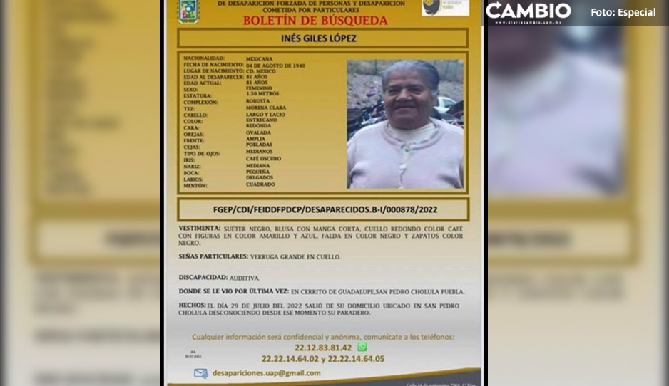 Inés Giles de 81 años salió de su casa en San Pedro Cholula y nunca regresó ¡Ayuda a localizarla!
