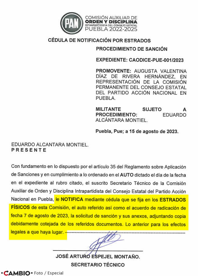 cedula notificacion pan puebla eduardo alcantara