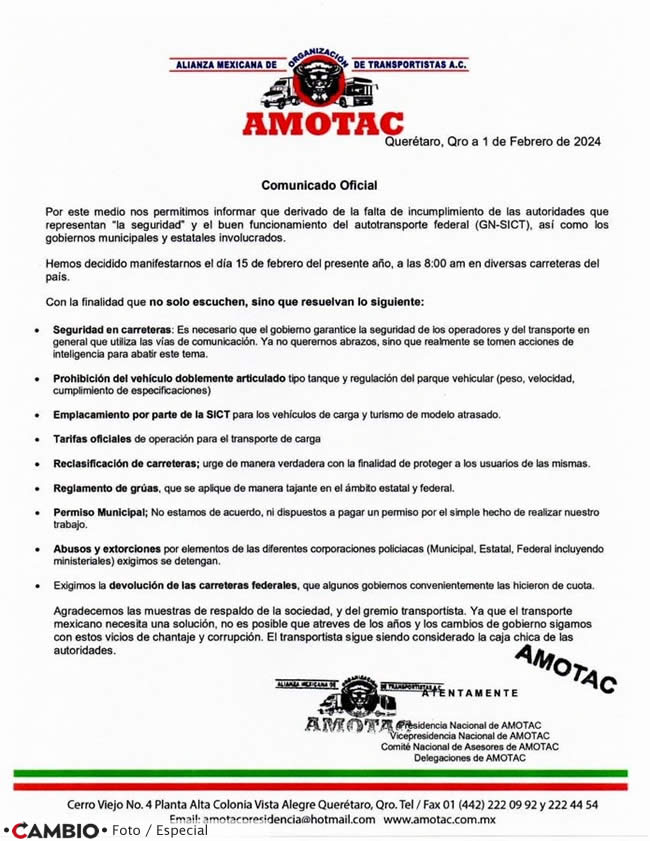 pacto cierres amotac carreteras comunicado