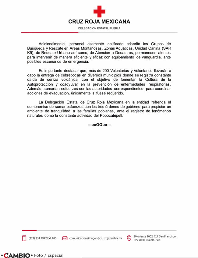comunicado cruz roja lista eventualidad generada popocatepetl 