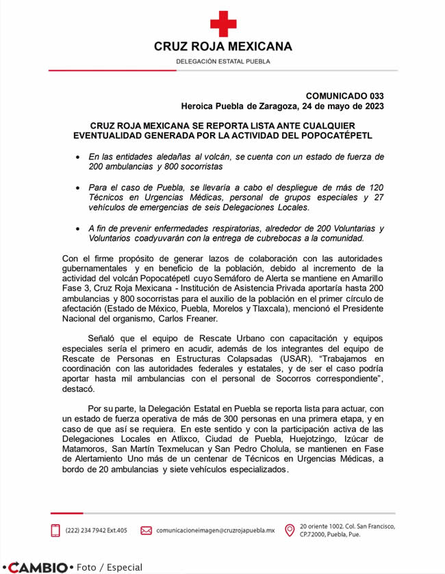 comunicado cruz roja lista eventualidad generada popocatepetl