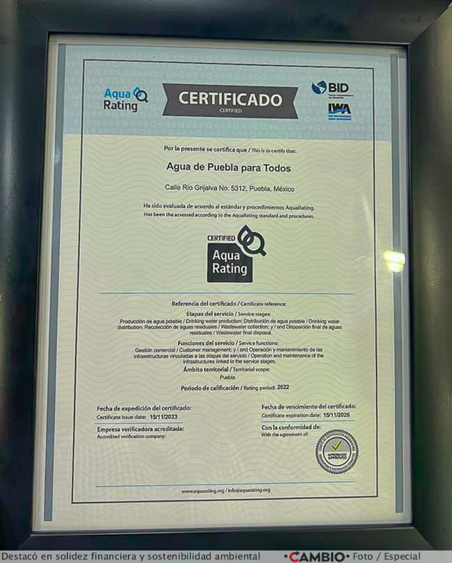 recibe agua de puebla certificacion aquarating 