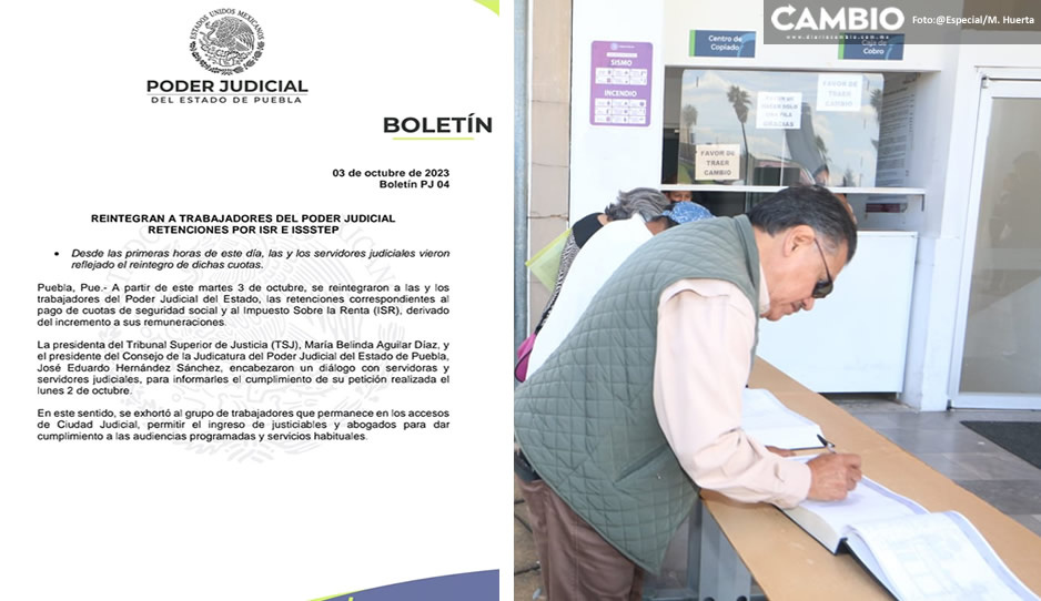 Poder Judicial de Puebla reintegra a sus trabajadores las cuotas descontadas