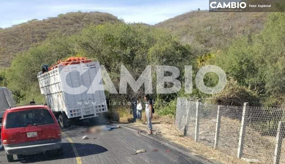 ¡De infarto! Motociclista queda atrapado bajo un camión de carga sobre carretera Tecomatlán-Piaxtla