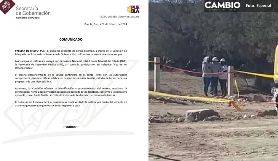 Confirma Segob hallazgo de restos humanos en fosa clandestina de Palmar de Bravo