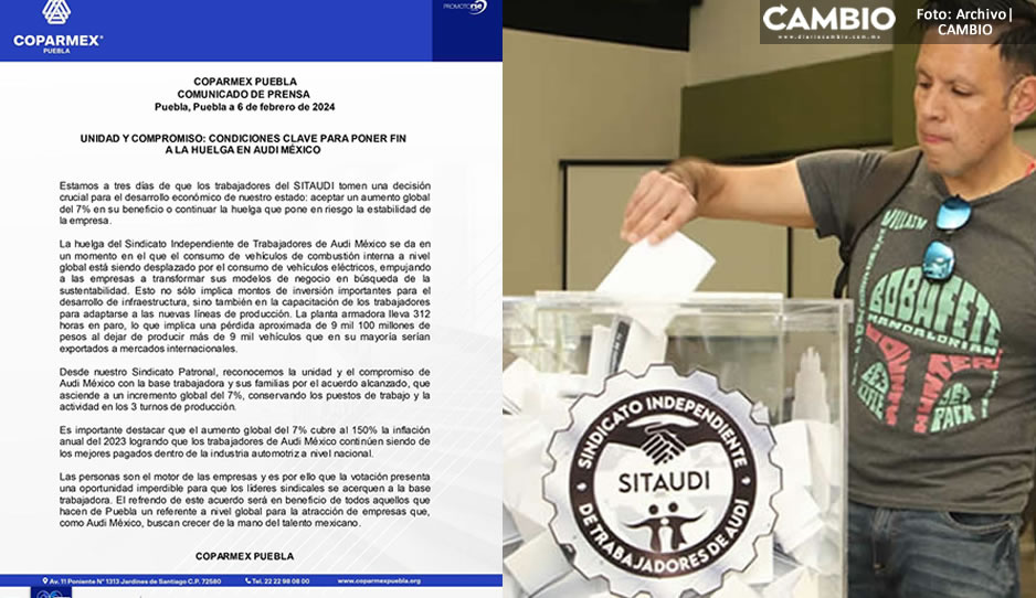 Exhorta Coparmex Puebla a sindicalizados de Audi votar por el fin de la huelga