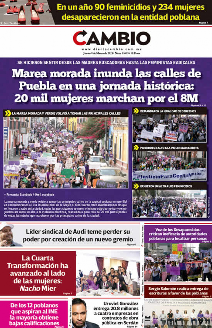 Marea morada inunda las calles de Puebla en una jornada histórica: 20 mil mujeres marchan por el 8M