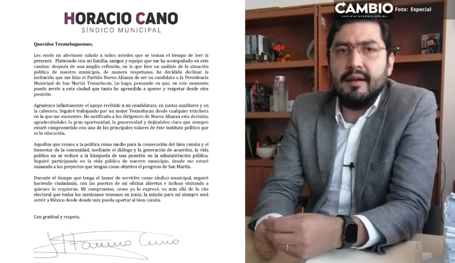 Horacio Cano declina a candidatura de Nueva Alianza por la alcaldía de Texmelucan
