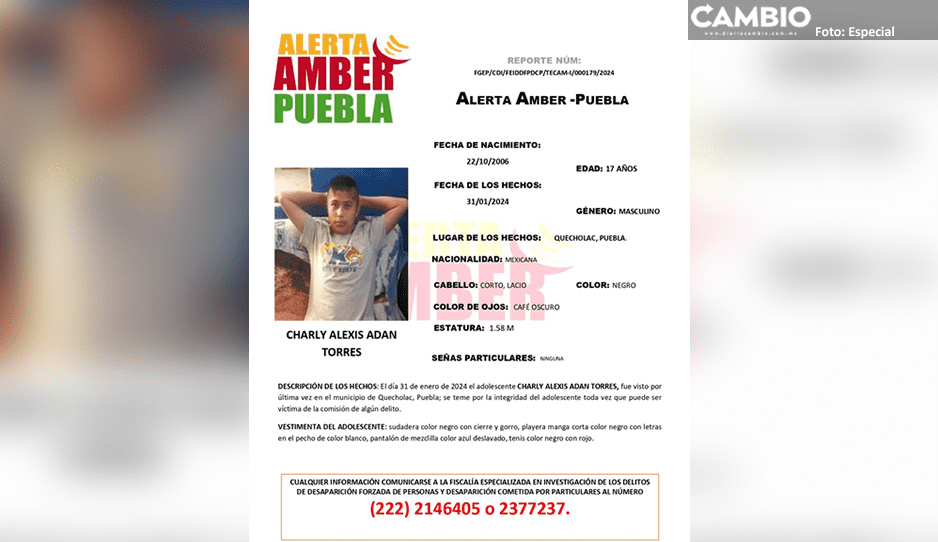 ¡Ayuda a localizarlo! Charly Adán de 17 años desapareció en Quecholac