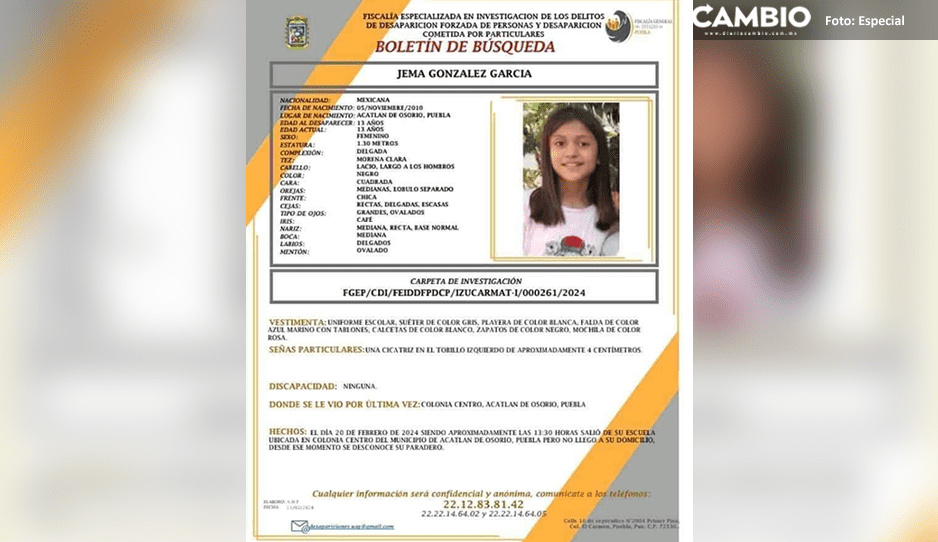 ¡Ayuda a localizarla! Jema González de 13 años desapareció en Acatlán de Osorio
