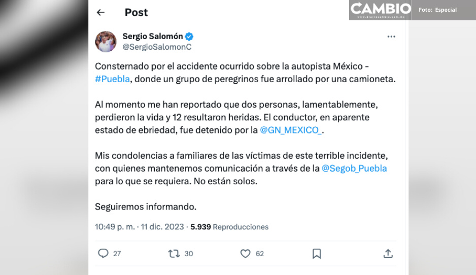 Lamenta Sergio Salomón muerte de peregrinos en la México-Puebla; confirma que conductor ebrio fue detenido