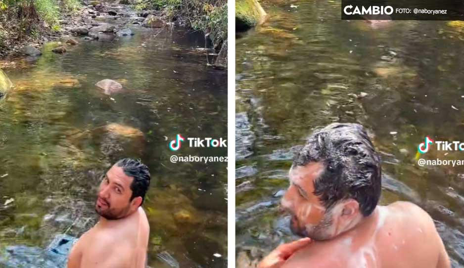 ¡Siempre humilde! Julión Álvarez es captado bañándose en un río con shampoo económico
