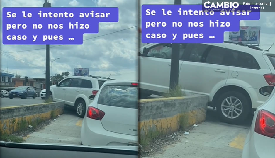 VIDEO: Doñita poblana destroza su camioneta ante caos vial en la federal Tehuacán