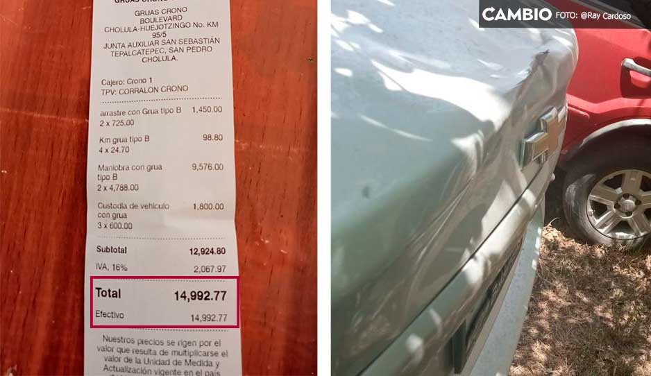 Grúas en San Pedro Cholula cobran 15 mil pesos por arrastre de solo 4 kilómetros