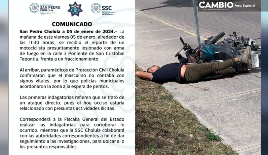 SSC Cholula confirma ‘ataque directo’ a motociclista acribillado en Zerezotla