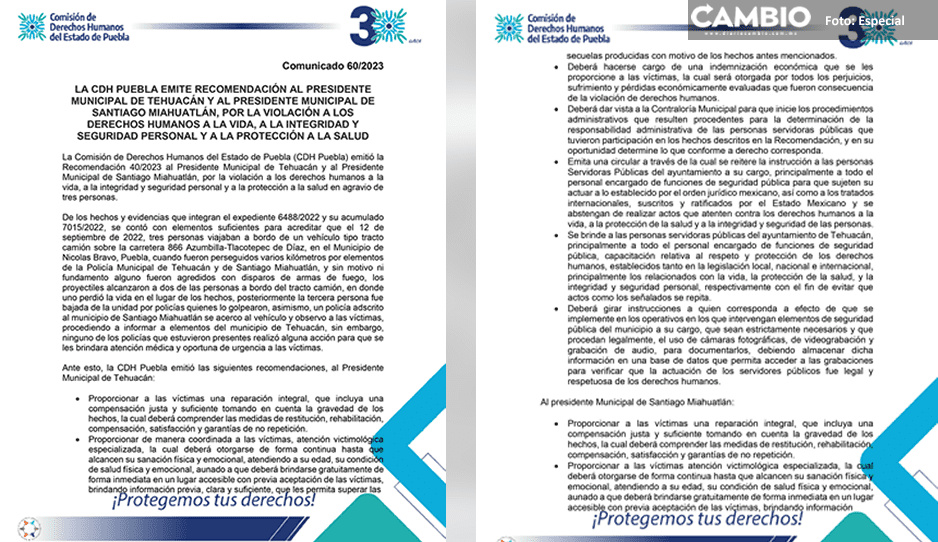 Ayuntamientos de Tehuacán y Miahuatlán violaron derechos a la vida: CDH Puebla
