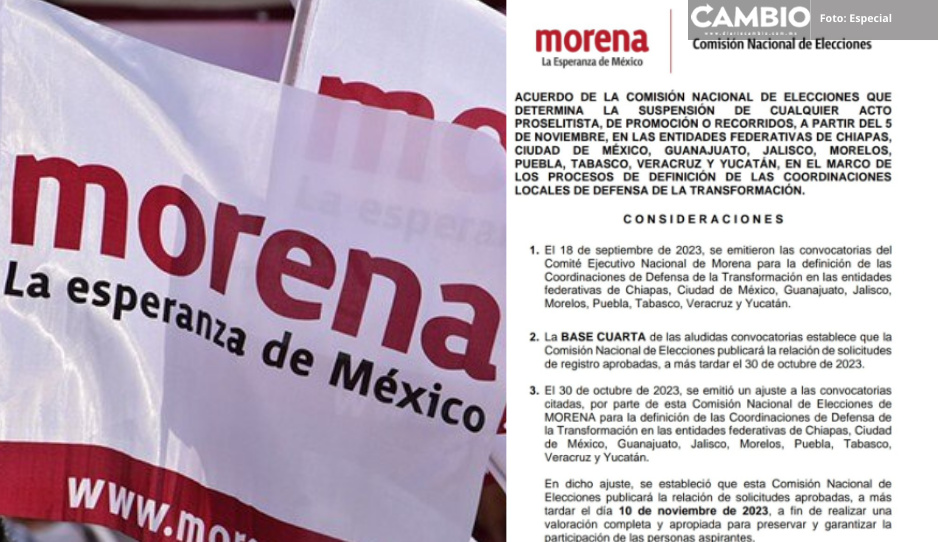 Morena suspende actos proselitistas en Puebla y 8 estados más