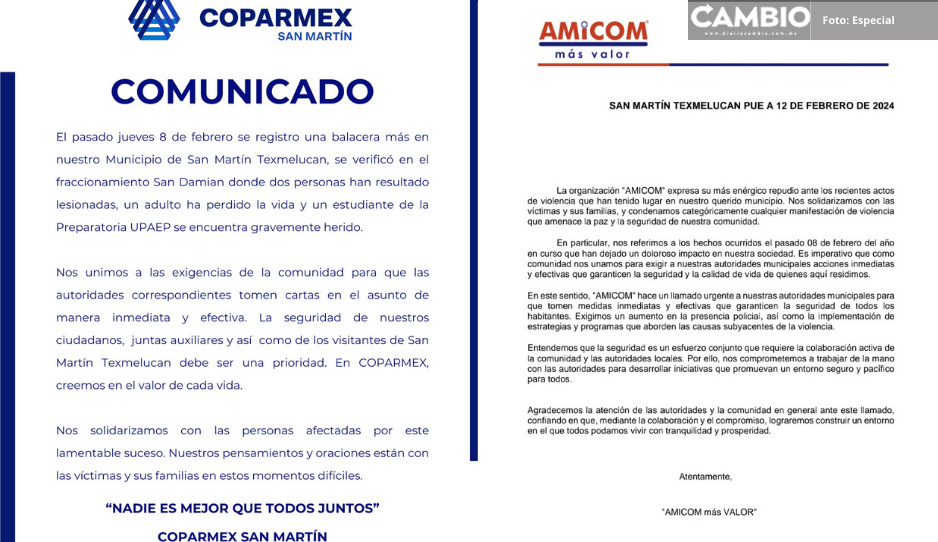 AMICOM y Coparmex también condenan actos violentos tras balacera en Texmelucan