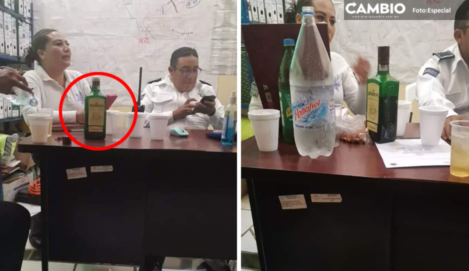 Exhiben a policías de tránsito de Ajalpan consumiendo bebidas alcohólicas en horario laboral