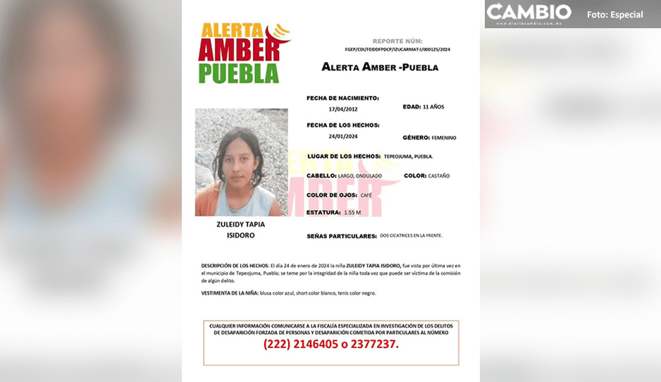 ¡Ayuda a localizarla! Zuleidy Tapia de 11 años desapareció en Tepeojuma