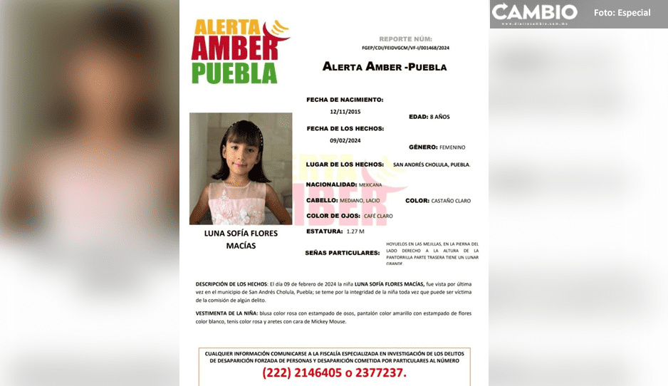 ¡Ayuda a localizarla! Activan Alerta Amber para localizar a Sofía Flores de 8 años en Puebla