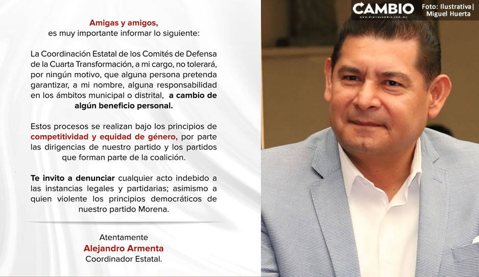 Reitera Armenta llamado a denunciar a quienes prometan cargos a su nombre