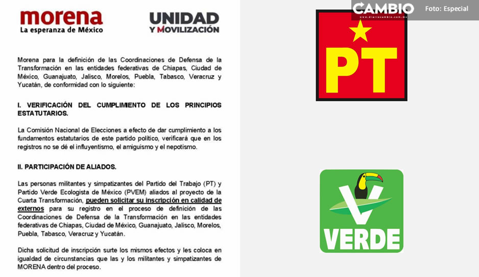 Convocatoria para elección de aspirantes por Morena, se abre también para el PT y PVEM