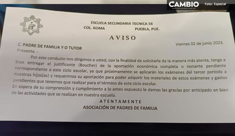 Padres de familia denuncian cobro de faltantes de inscripción de la Secundaria Técnica 56