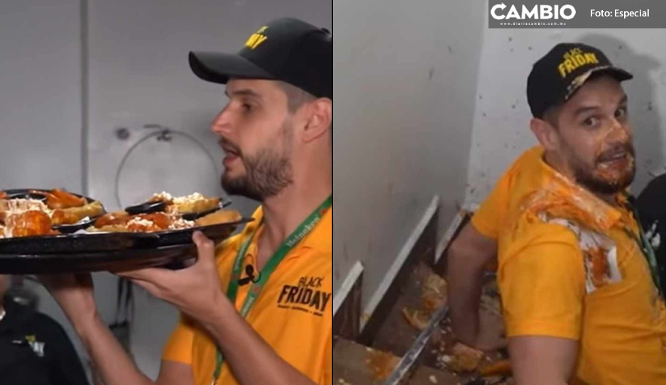 ¡El Karma! Adrián Marcelo se cae con todo y comida intentando ser mesero (VIDEO)