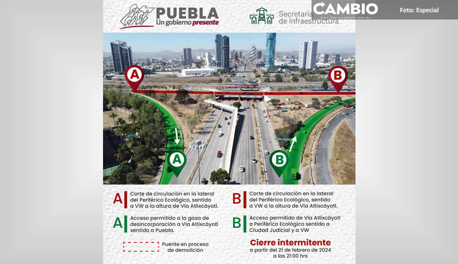Lateral del Periférico estará cerrada por obras del Distribuidor Vial Atlixcáyotl