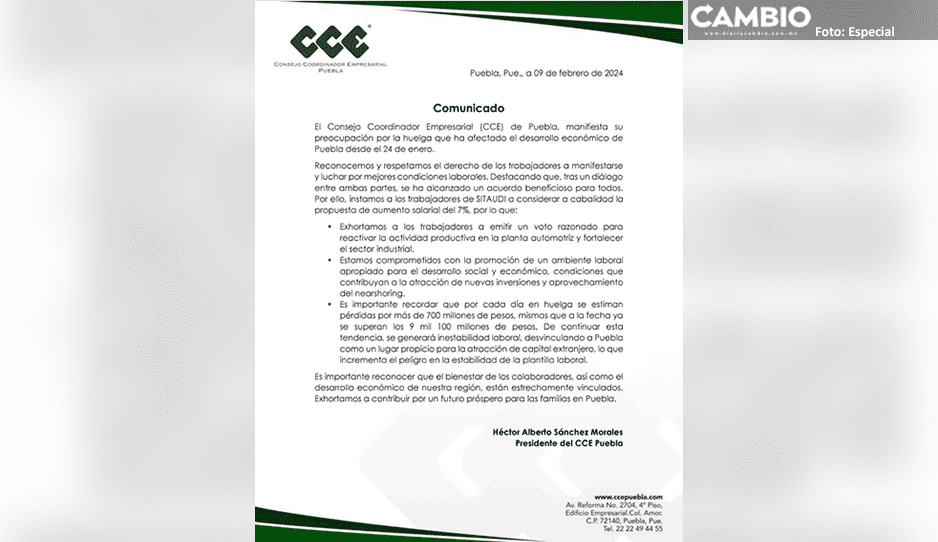 CCE pide a Sitaudi aprobar propuesta salarial de 7% para terminar con la huelga