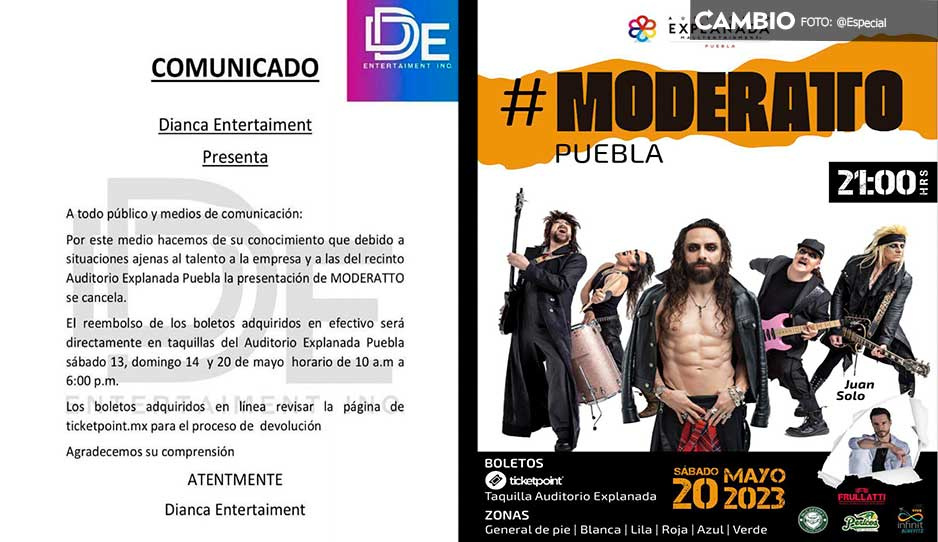 ¡Ya lo veía venir! Cancelan concierto de Moderatto en Puebla; así será el reembolso