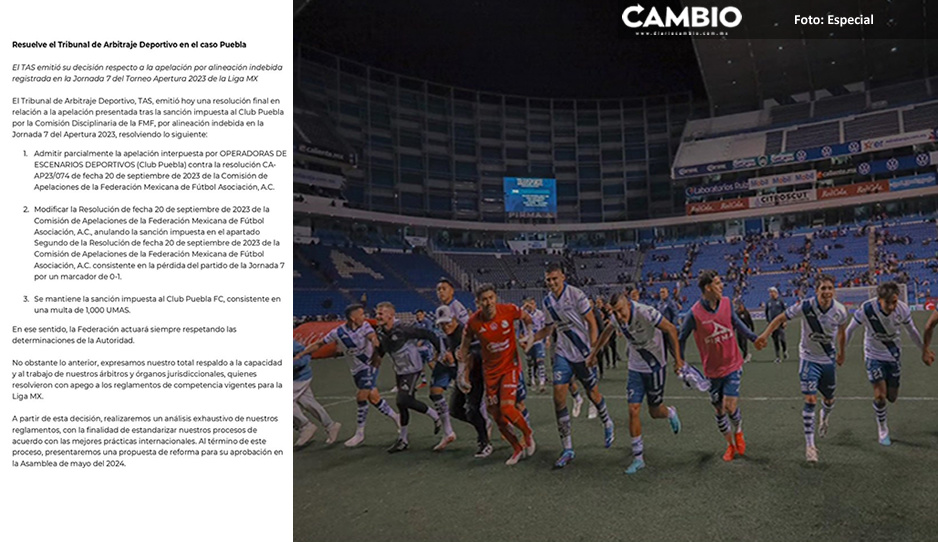 ¡Justicia! Puebla gana ante el TAS y recupera sus tres puntos vs Xolos