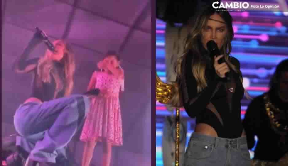 Belinda sube al escenario a niñita y le regala un peluche en la Feria de Puebla (VIDEO)