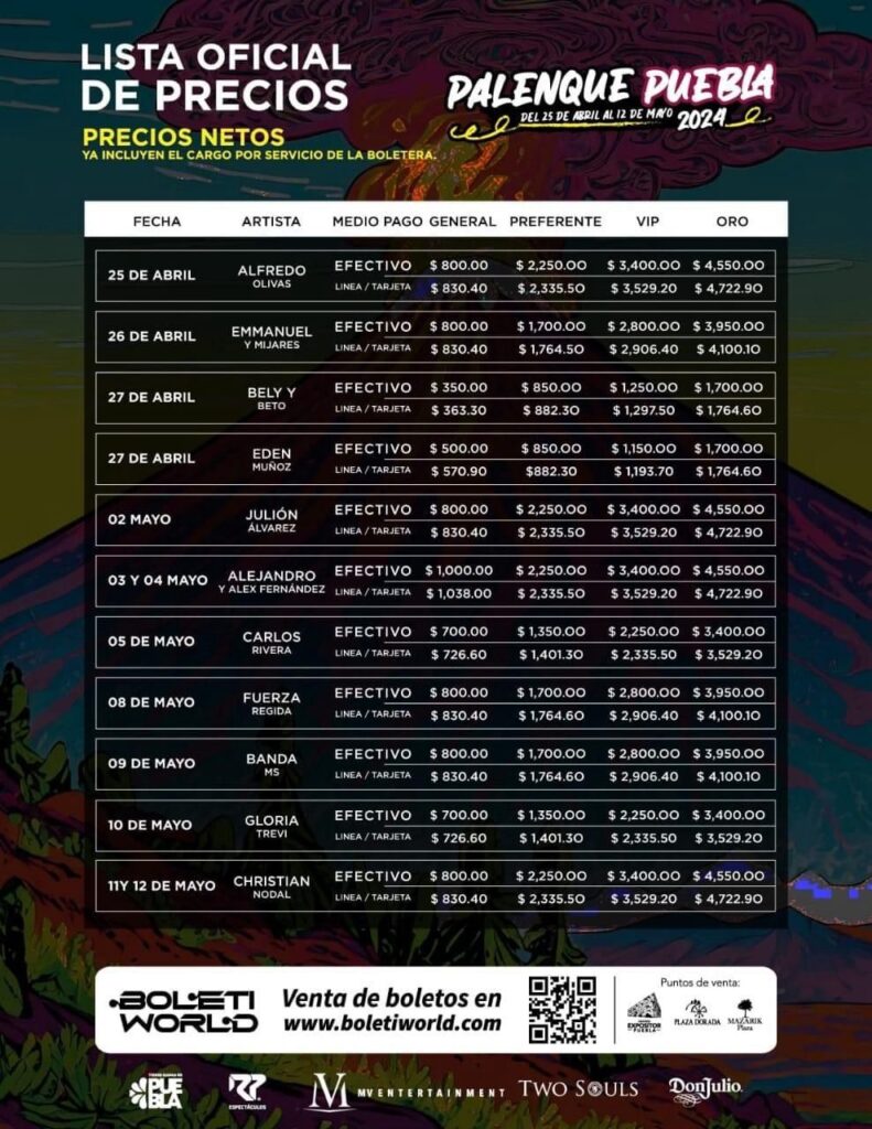 Lista Ofical de precios para el Palenque de la Feria de Puebla 2024