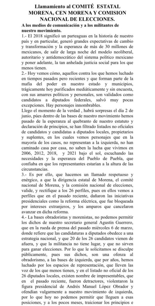 Bases obradoristas en Puebla exigen disculpa pública de Agustín Guerrero