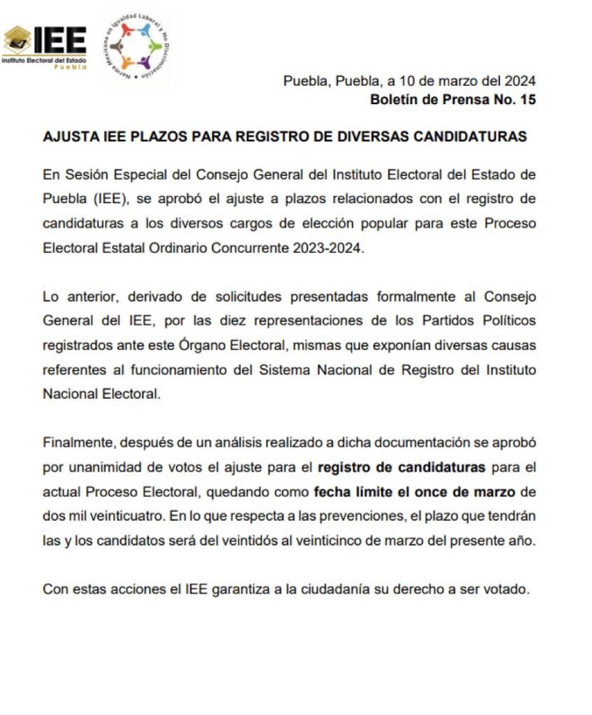 IEE aplaza inscripción de candidatos a diputaciones locales y alcaldías