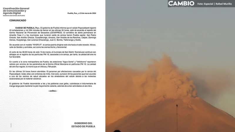 Popocatépetl no da tregua: registra mil 394 minutos de tremor y 33 exhalaciones en un día